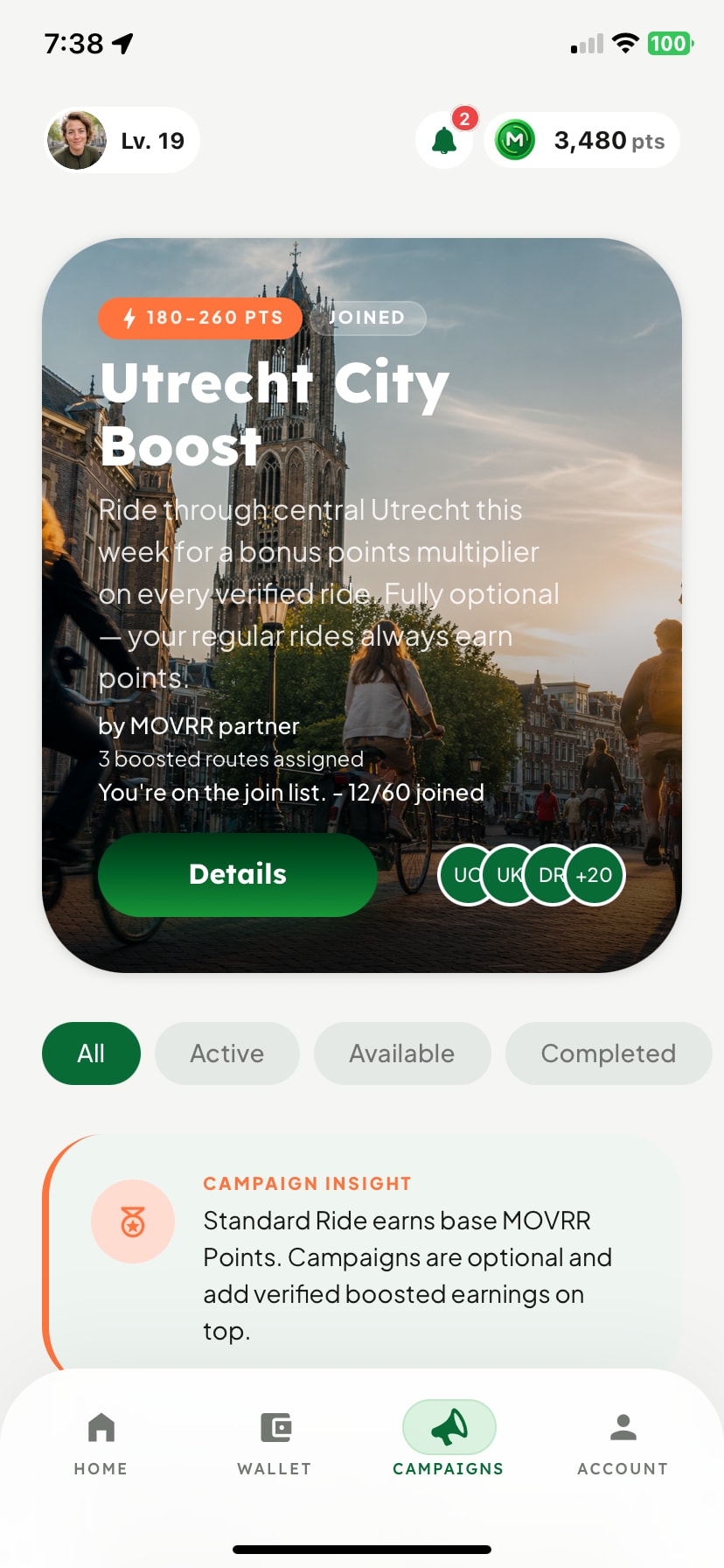 Genuine MOVRR Campaigns iOS capture showing a sample Utrecht campaign
