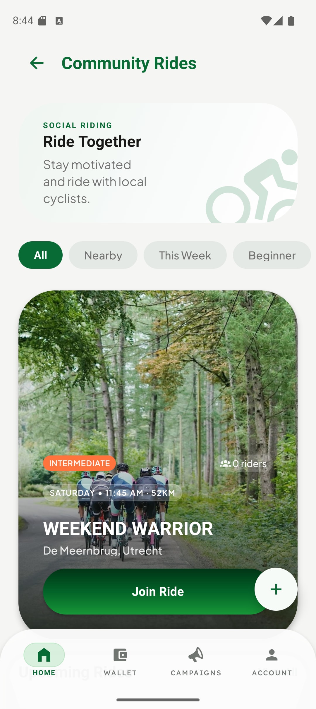 Genuine MOVRR Community Rides screen with Ride Together, discovery filters and a sample group ride