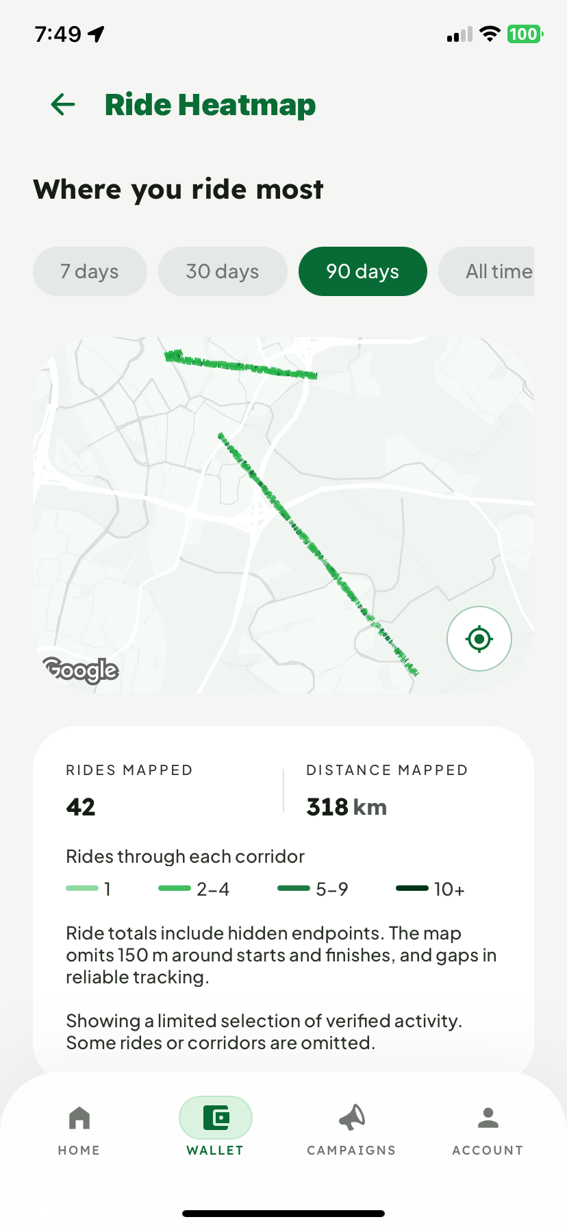 MOVRR personal ride heatmap with recorded route corridors and privacy notices