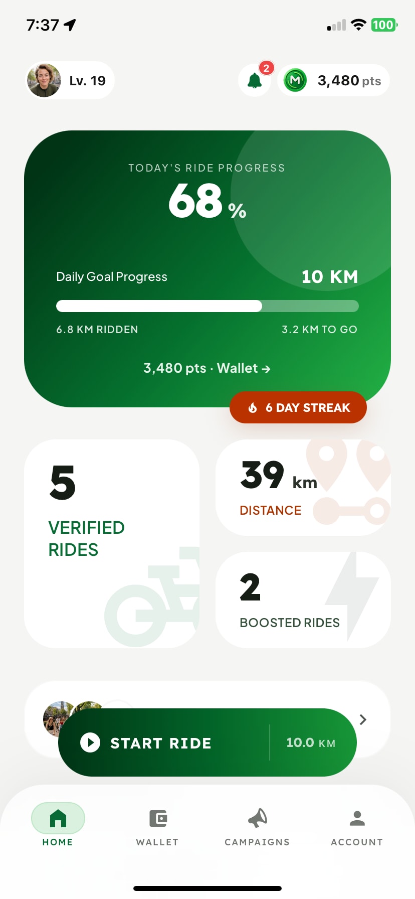 Genuine MOVRR home-screen detail showing daily ride progress, a goal and streak