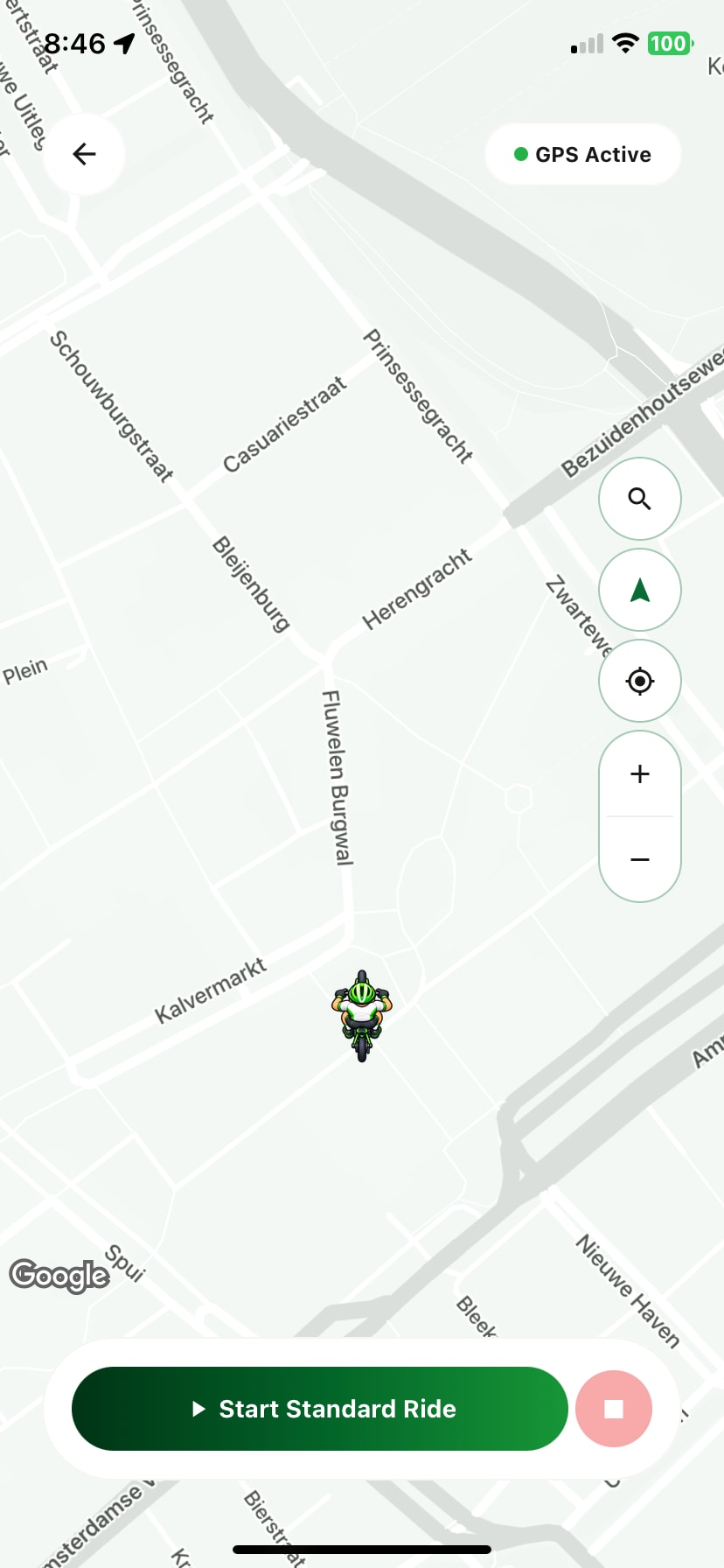 Genuine MOVRR Ride Map with GPS Active, current position and Start Standard Ride; Google attribution retained