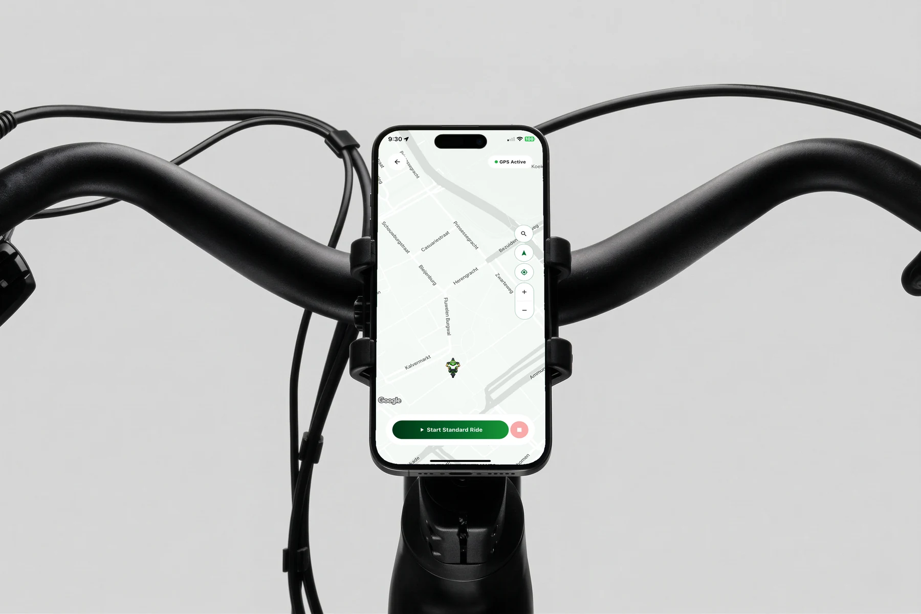 Approved MOVRR studio image of the Ride Map on a handlebar-mounted iPhone