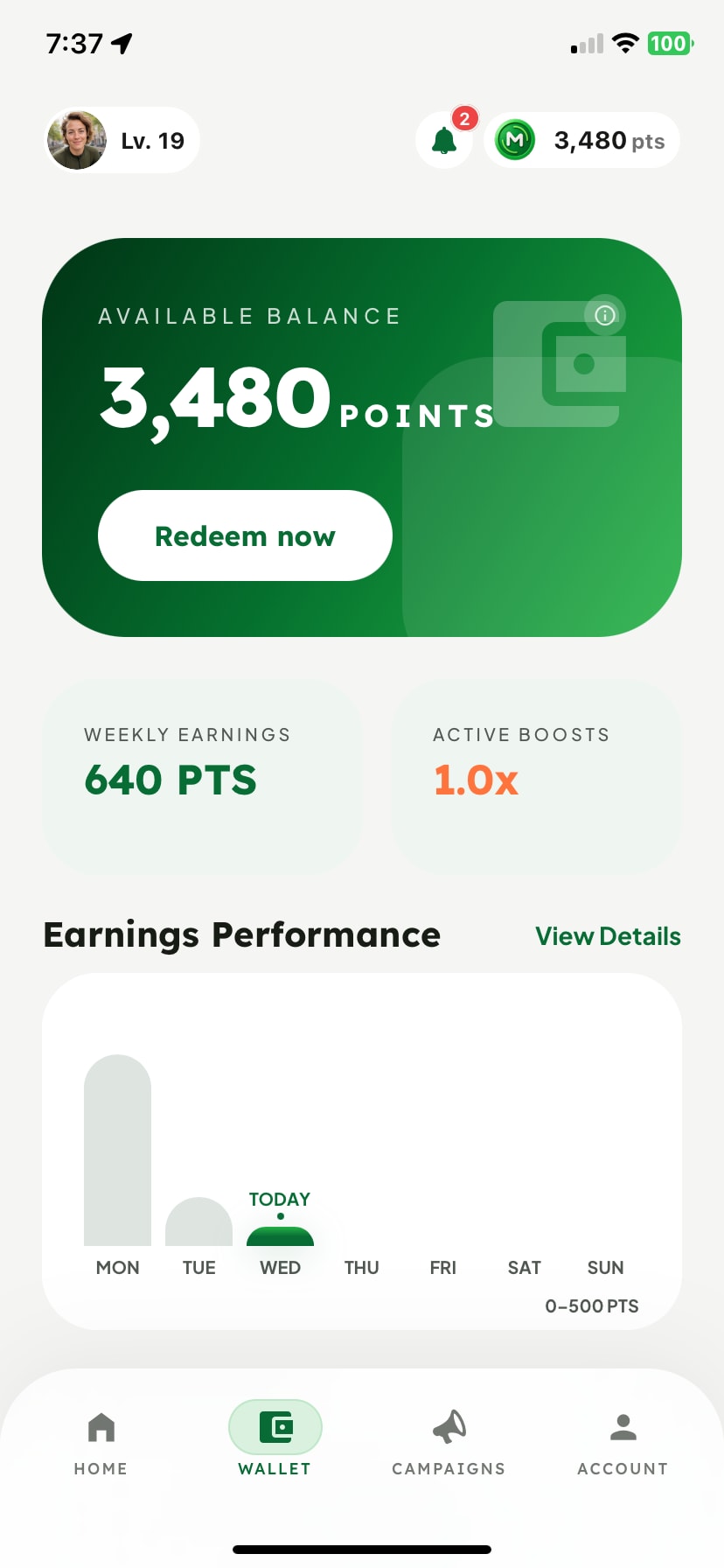 MOVRR Wallet iOS preview showing available points, weekly earnings and the Earnings Performance chart